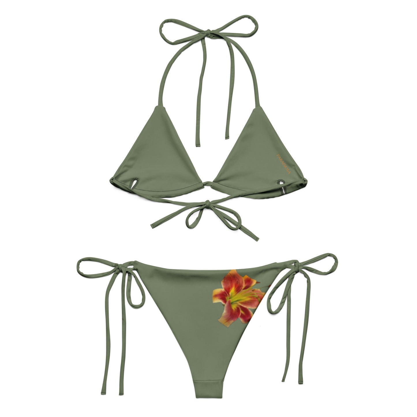 Tie-front-and-tie-side bikini-tropical-khaki-hibiscus