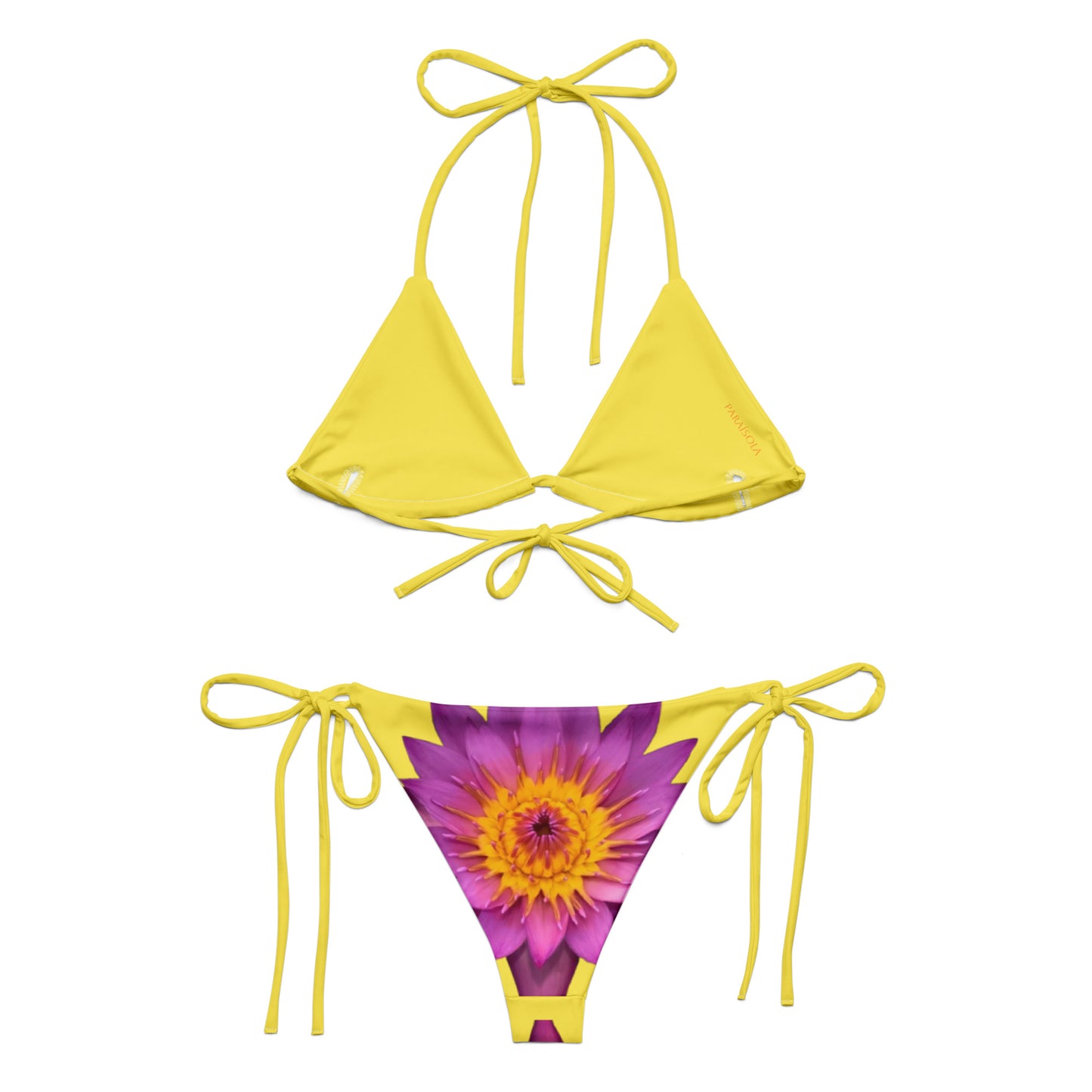 Tie-front-and-tie-side bikini-tropical-yellow-pink-lotus