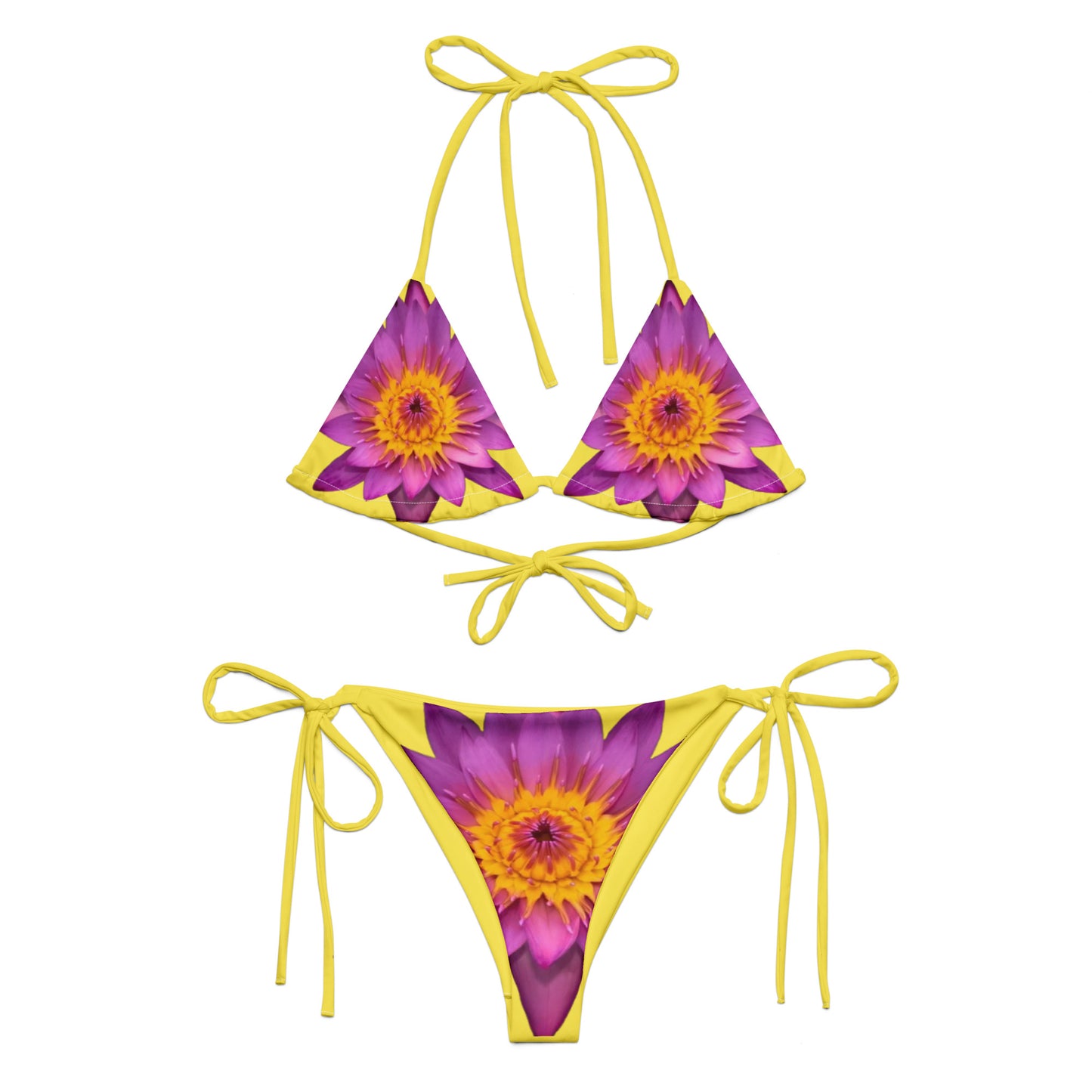 Tie-front-and-tie-side bikini-tropical-yellow-pink-lotus