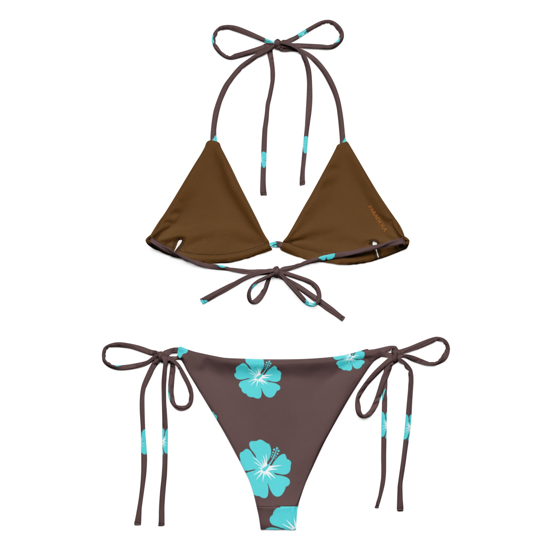 Tie-front-and-tie-side bikini-tropical-turquoise-brown-hibiscus