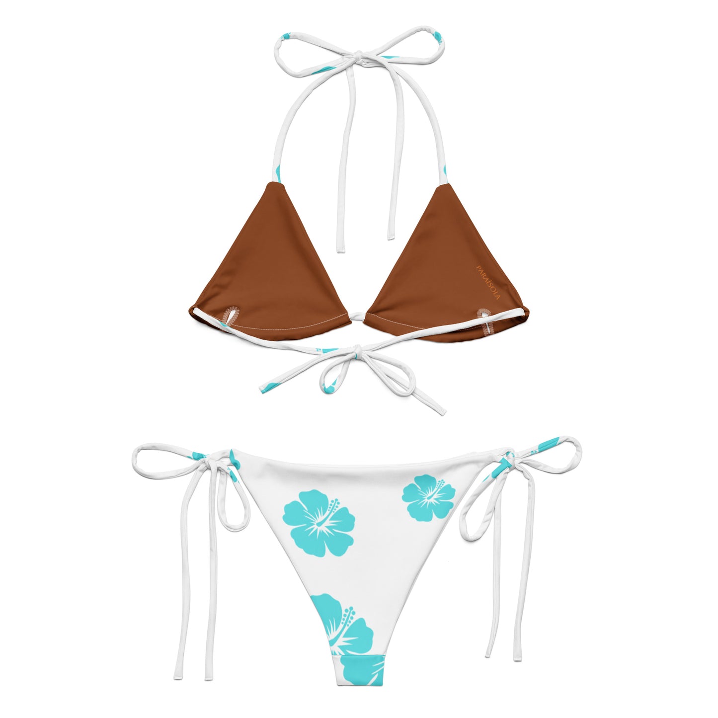 Tie-front-and-tie-side bikini-tropical-turquoise-brown-hibiscus