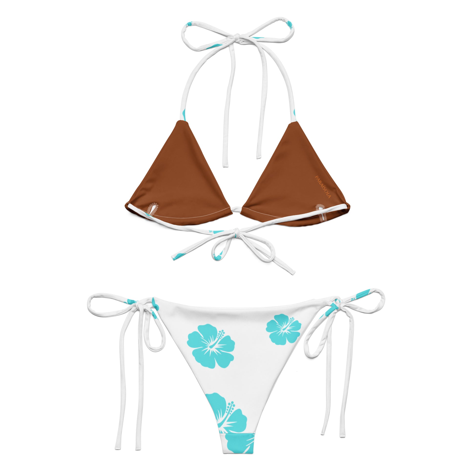 Tie-front-and-tie-side bikini-tropical-turquoise-brown-hibiscus