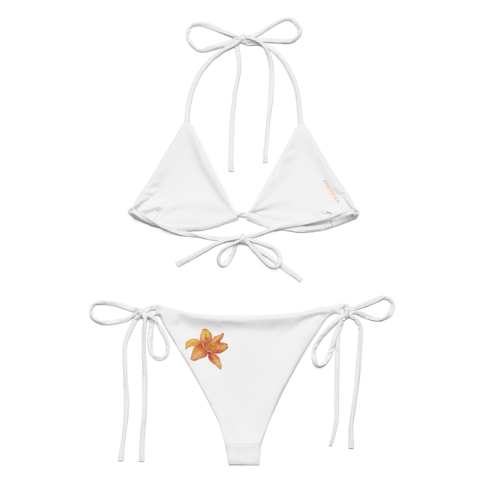 Tie-front-and-tie-side bikini-tropical-white-orange-hibiscus