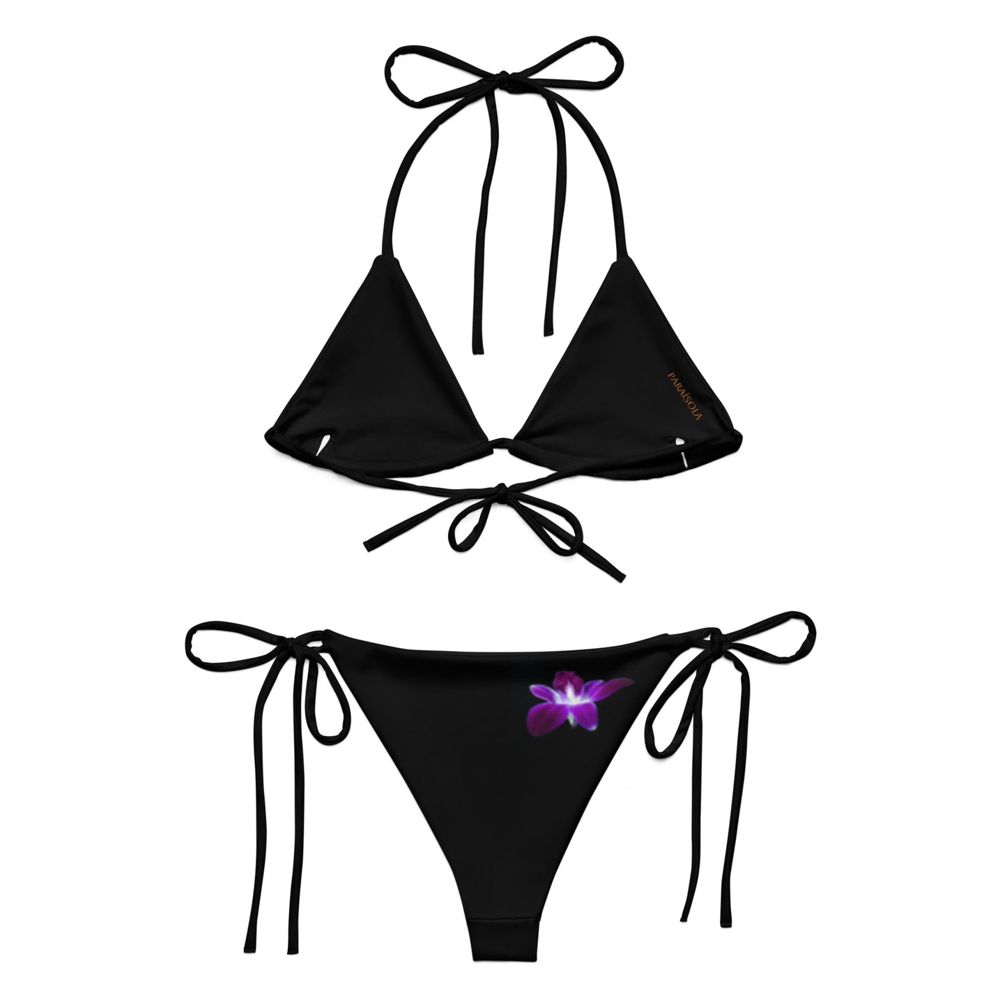Tie-front-and-tie-side bikini-tropical-black-purple-hibiscus
