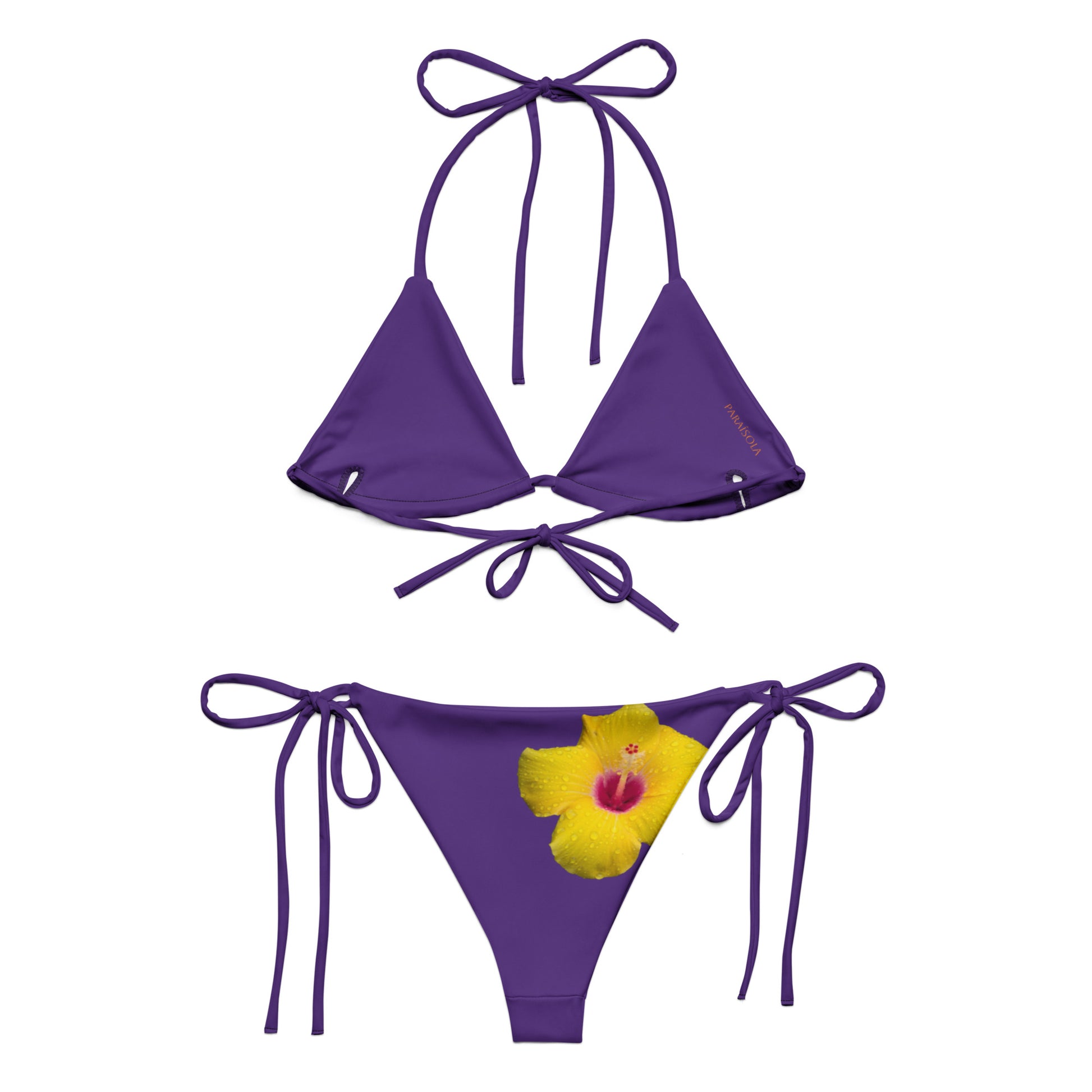 Tie-front-and-tie-side bikini-tropical-purple-yellow-hibiscus