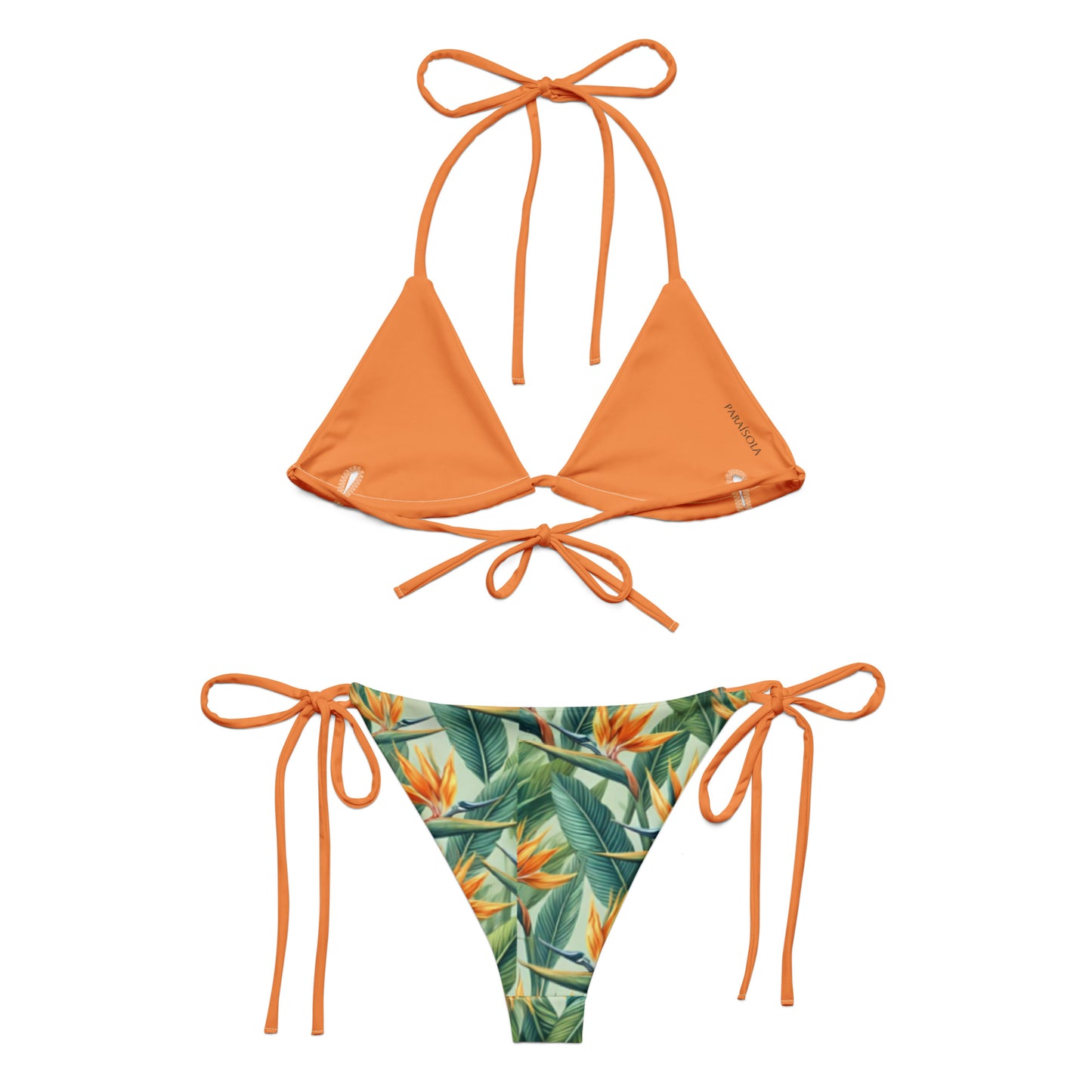 Tie-front-and-tie-side bikini-tropical-paradise-bird-green-orange