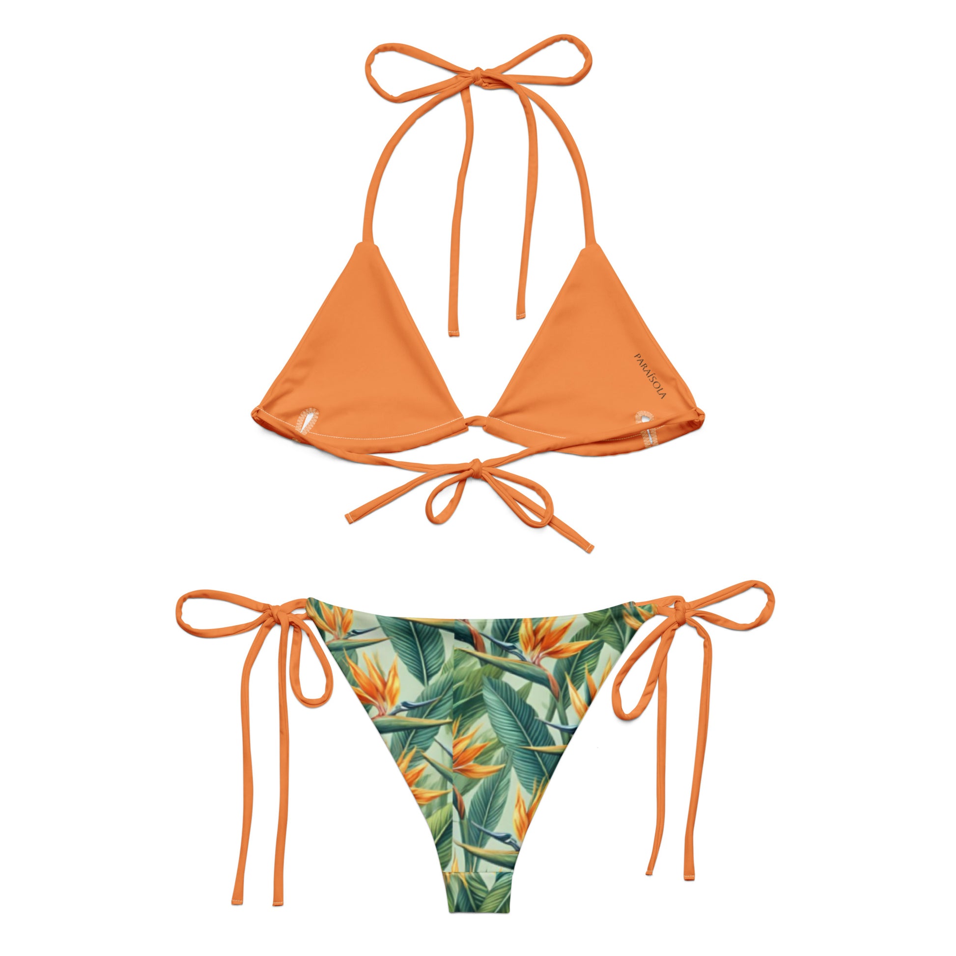 Tie-front-and-tie-side bikini-tropical-paradise-bird-green-orange