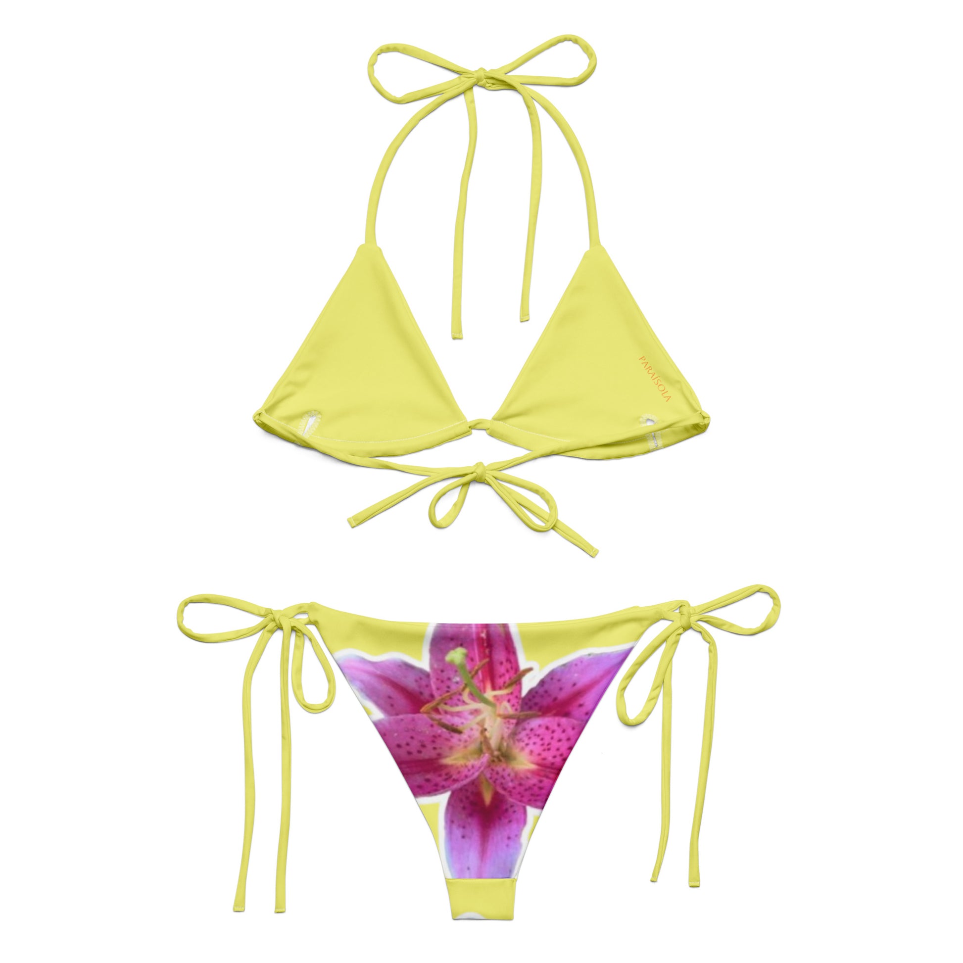 Tie-front-and-tie-side bikini-tropical-yellow-pink-hibiscus