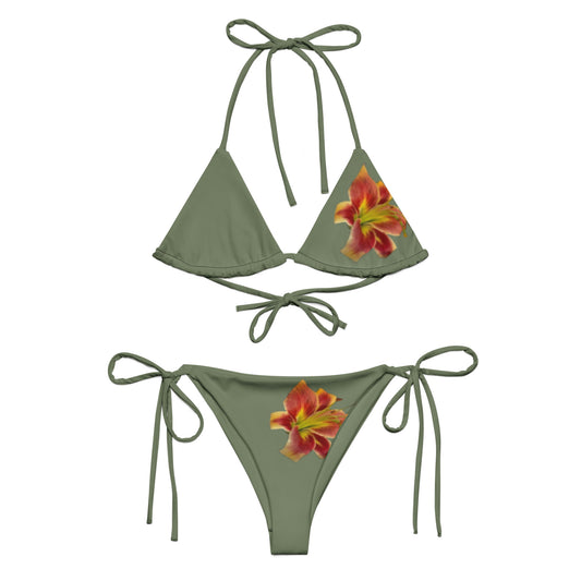 Tie-front-and-tie-side bikini-tropical-khaki-hibiscus