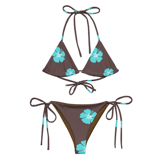Tie-front-and-tie-side bikini-tropical-turquoise-brown-hibiscus