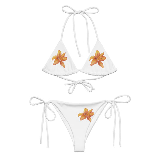 Tie-front-and-tie-side bikini-tropical-white-orange-hibiscus