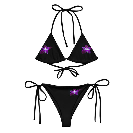 Tie-front-and-tie-side bikini-tropical-black-purple-hibiscus