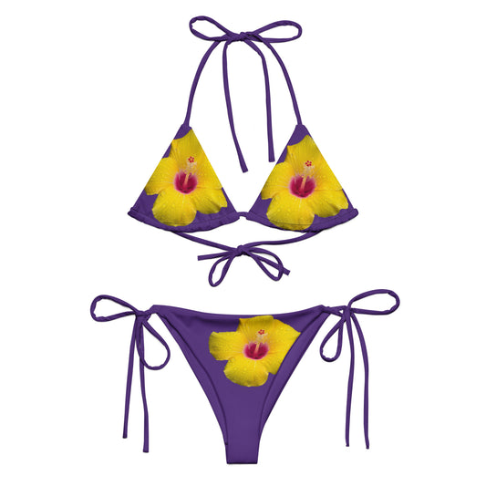Tie-front-and-tie-side bikini-tropical-purple-yellow-hibiscus