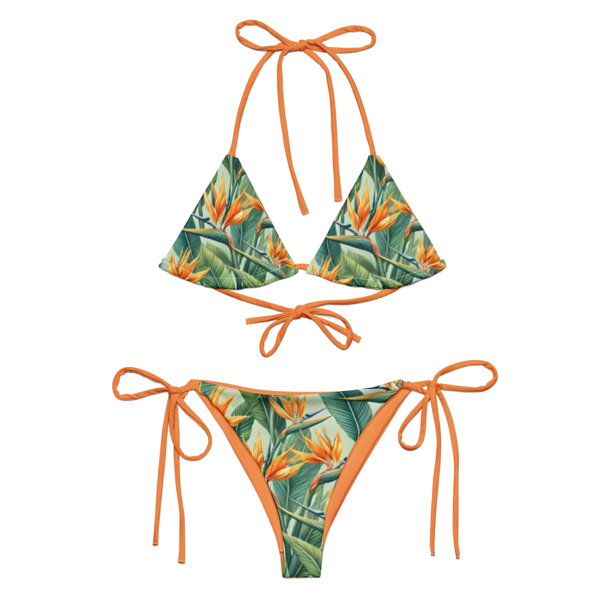 Tie-front-and-tie-side bikini-tropical-paradise-bird-green-orange