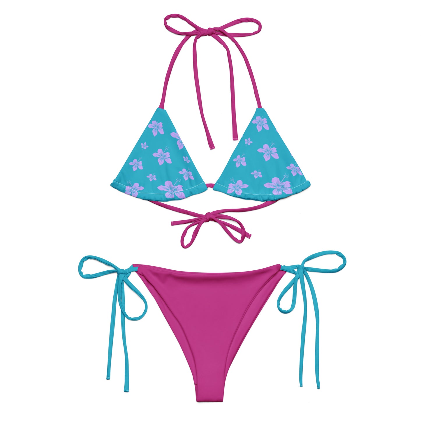 Tie-front-and-tie-side bikini-tropical-hibiscus-blue-purple