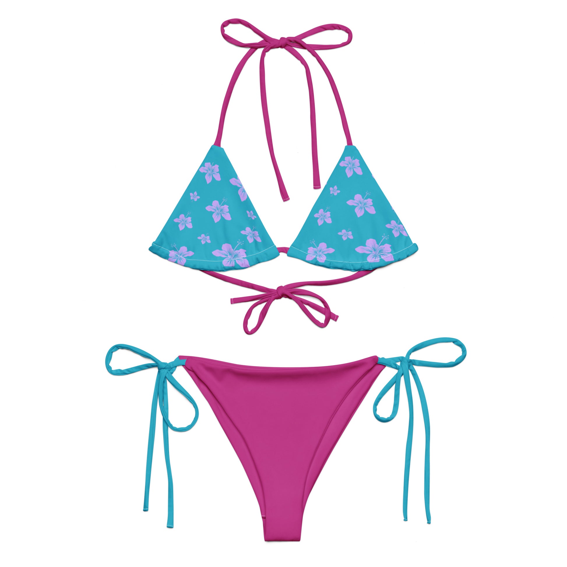 Tie-front-and-tie-side bikini-tropical-hibiscus-blue-purple