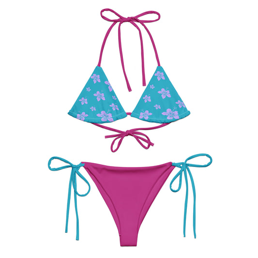 Tie-front-and-tie-side bikini-tropical-hibiscus-blue-purple