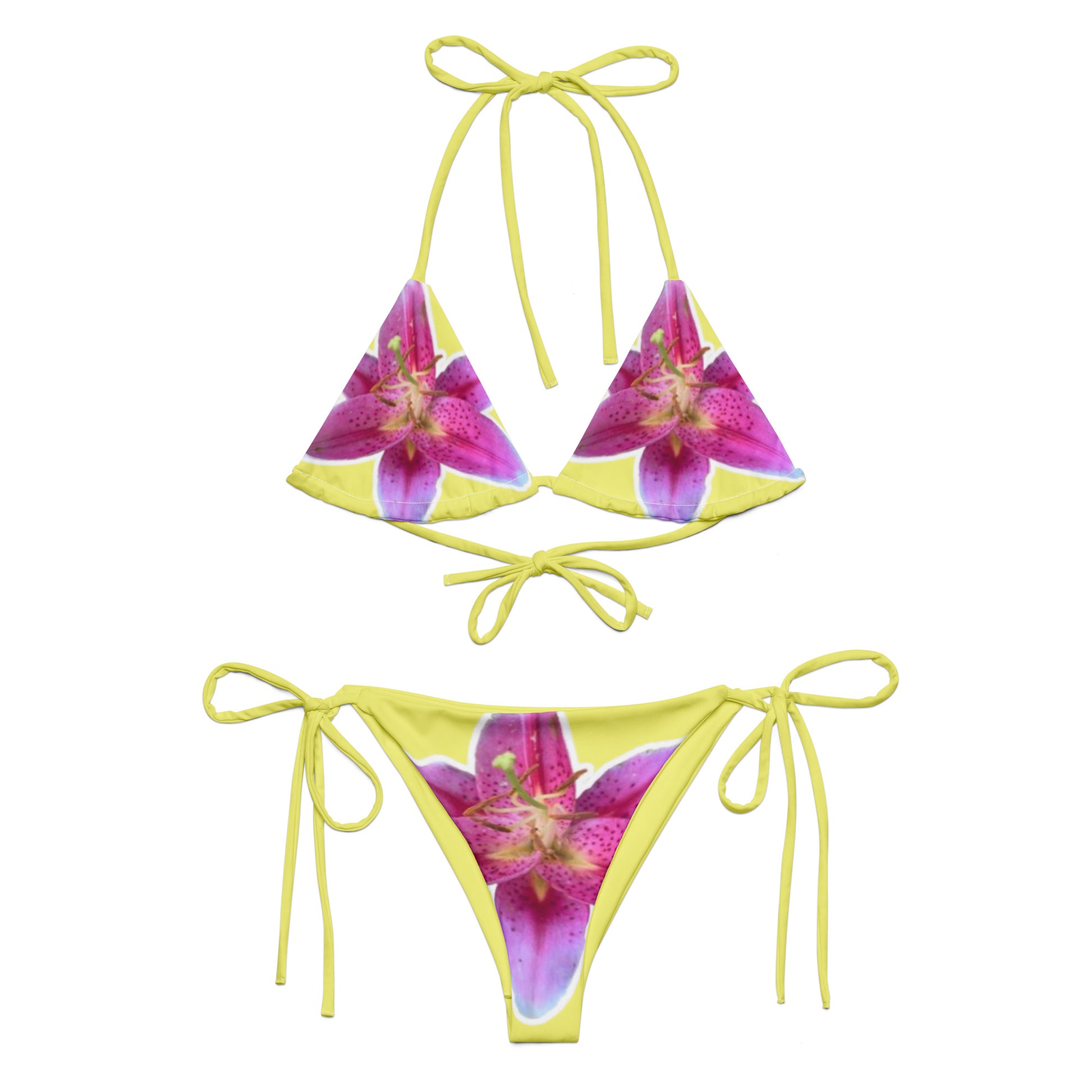 Tie-front-and-tie-side bikini-tropical-yellow-pink-hibiscus
