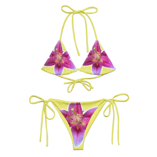 Tie-front-and-tie-side bikini-tropical-yellow-pink-hibiscus