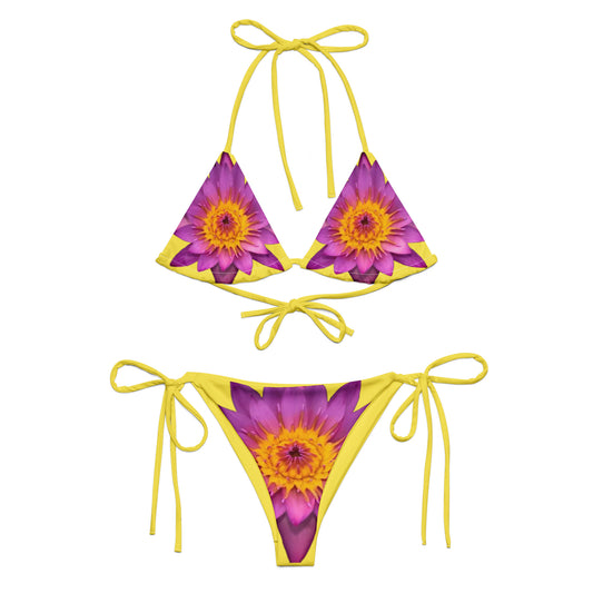 Tie-front-and-tie-side bikini-tropical-yellow-pink-lotus