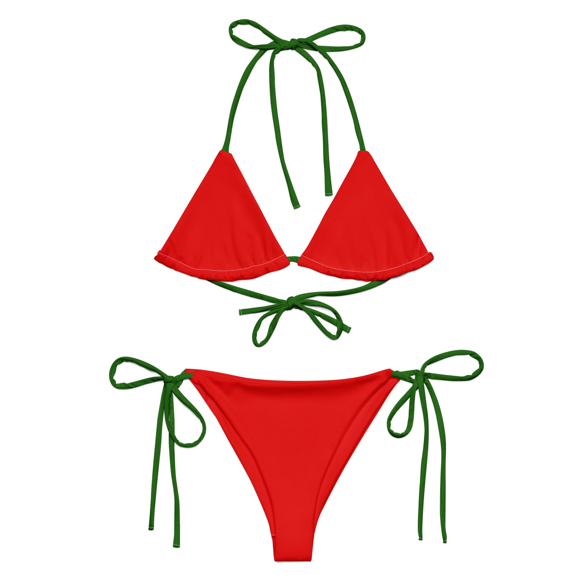 Tie-front-and-tie-side bikini-tropical-green-red