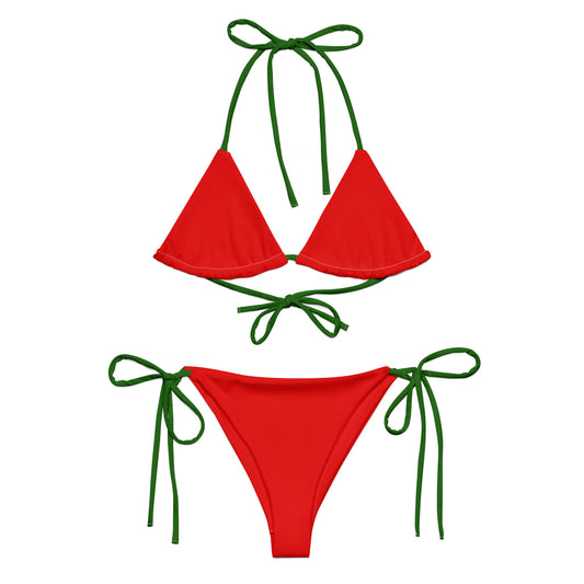 Tie-front-and-tie-side bikini-tropical-green-red