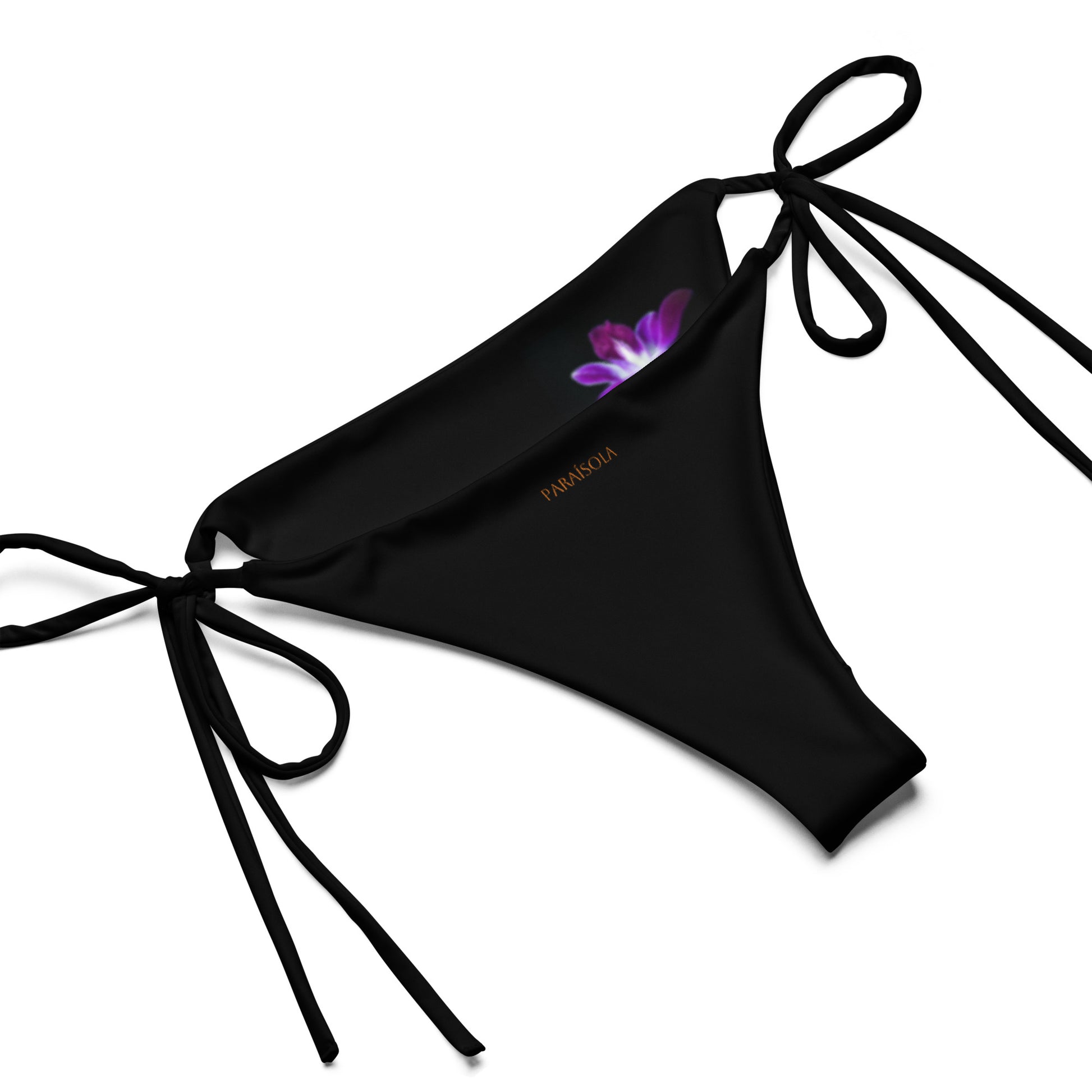 Tie-front-and-tie-side bikini-tropical-black-purple-hibiscus