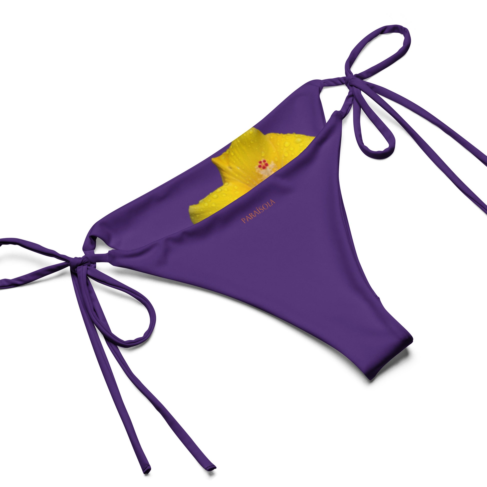 Tie-front-and-tie-side bikini-tropical-purple-yellow-hibiscus